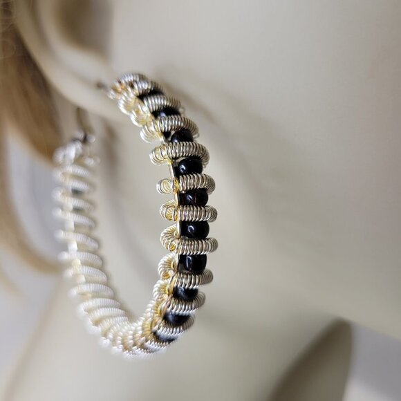 Black with Silver Tone Earrings in a Spiral Design - Picture 2 of 12